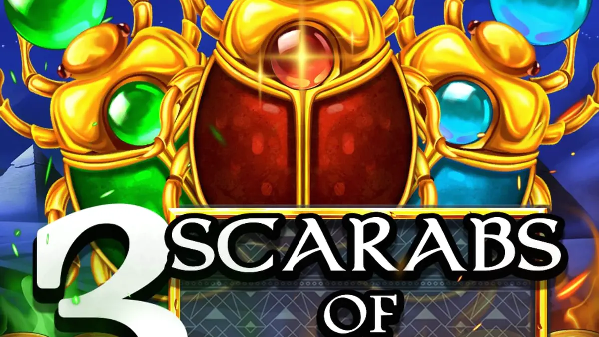Tampilan visual slot 3 Scarabs of Fortune dengan simbol scarab emas dan latar belakang piramida.