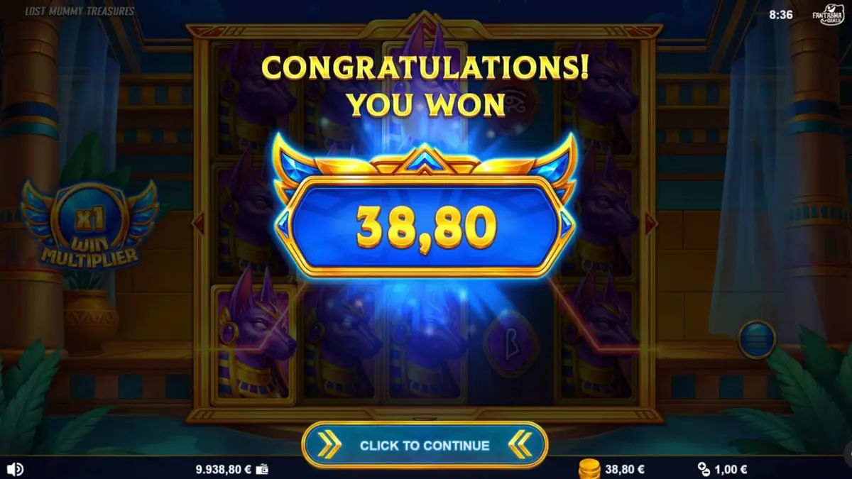 Tampilan visual slot Lost Mummy Treasures dengan simbol dewa Mesir dan gulungan emas.