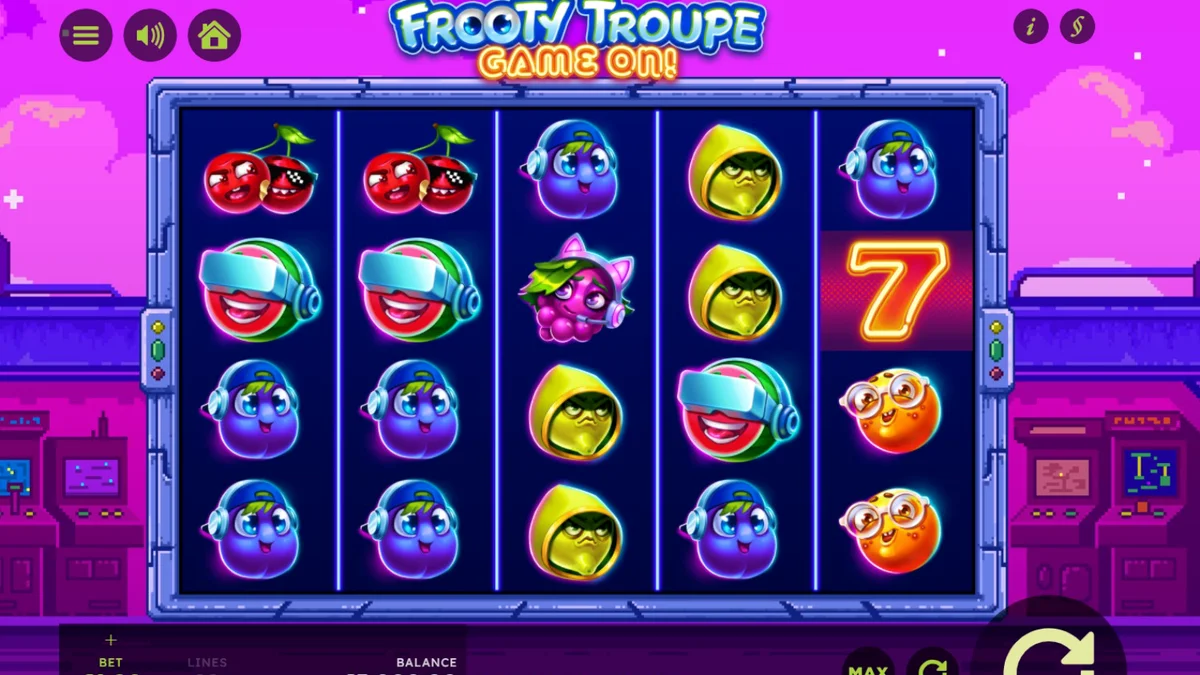 Tampilan visual retro arcade dari slot Frooty Troupe – Game On!